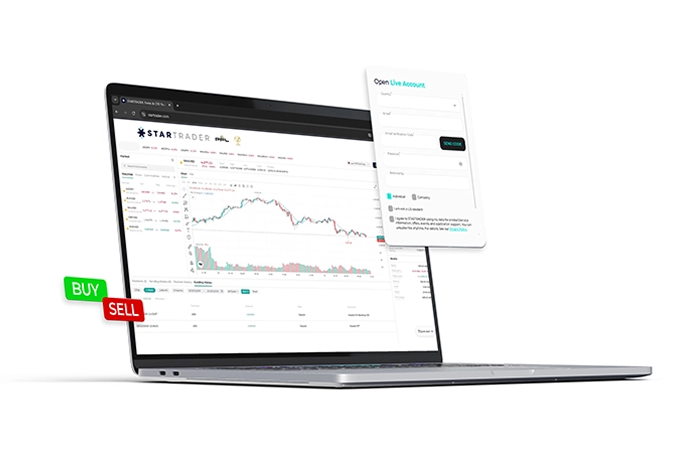 STARTRADER web trading platform on laptop with open live account form